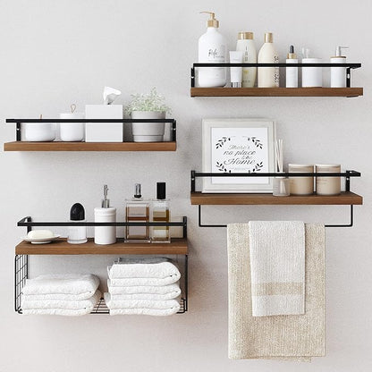 Wood Floating Shelves Wall Mounted - 4+1 Tier Rustic Bathroom Wall Shelves Over Toilet with Wire Storage Basket and Towel Bar, Set of 4 Farmhouse Floating Shelf for Bathroom, Kitchen, Bedroom.
