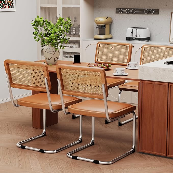 Alunaune Mid Century Modern Dining Chairs Set of 4, Upholstered Natural Rattan Kitchen Accent Chair, Armless Side Chairs with Metal Chrome Legs for Bedroom Living Room-Brown with PU Seat