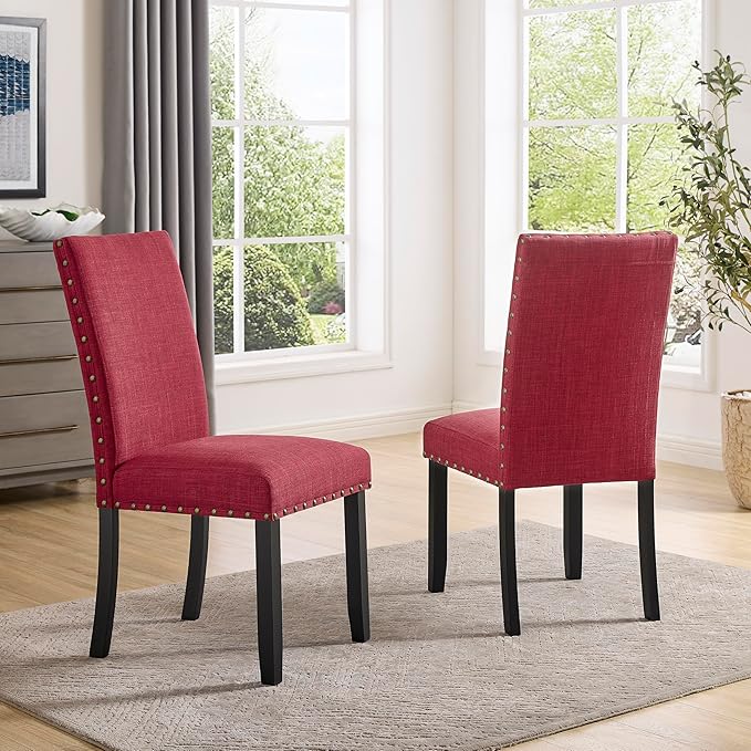 Roundhill Furniture Biony Fabric Dining Chairs with Nailhead Trim, Set of 2, Red