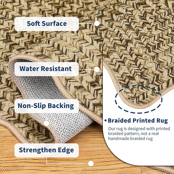 Imitation Braided Collection-Print Large Washable Rug 9x12 Non-Slip Area Rugs for Living Room, Natural Bordered Carpet, Stain Resistant Thin Foldable Floor Cover for Nursery Dining Room