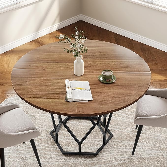 GarveeHome 47-inch Round Dining Table for 4-6 People, Farmhouse Kitchen Table with Diamond Metal Base, Industrial Wood Circle Dinner Table for Dining Room, Kitchen, Living Room, Brown