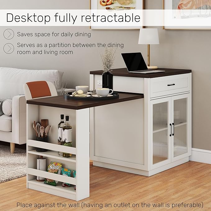 Kitchen Islands with Extendable Dining Table, 83.1" Mobile Kitchen Storage Islands, for 2-6 Person, with Tempered Glass Doors, Woodgrain Dining Table,Power Outlet,Bar, with Slide Out Table