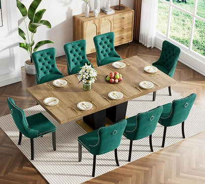 Goujxcy 9-Piece Extendable Dining Table Set for 6-8 People 63-78 Inch Kitchen Table Set with 8 Velvet Upholstered Chairs Farmhouse Rectangular Dining Room Table Set for Kitchen Dining Room Apartment