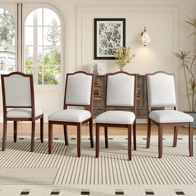 Ball & Cast Farmhouse Dining-Chairs Set of 4, High Back Wood Frame Dining Room Chair with Padded Seat, Modern Upholstered Kitchen Island Seating, 4 Pack Mid-Century Chairs, Cherry&Beige
