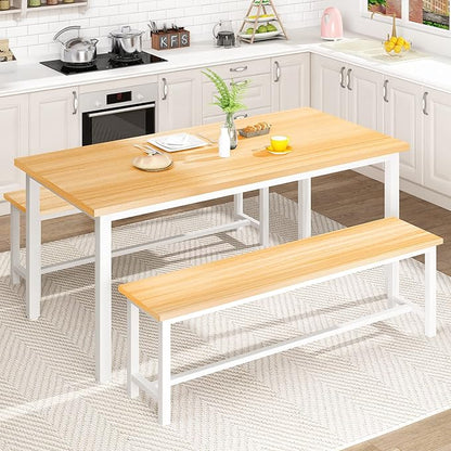 DKLGG Dining Table Set for 4, 47.2'' Kitchen Table with 2 Benches, 3 Piece Farmhouse Dining Room Table Set, Space-Saving Dinette for Kitchen, Dining Room, Apartment, Metal Frame & MDF Board