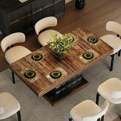 LITTLE TREE 63" Modern Dining Table, Rectangular Dinner Table for 4-6, Farmhouse Kitchen Table, Sturdy Wood Pedestal Base for Kitchen/Dining Room, Rustic Brown & Black
