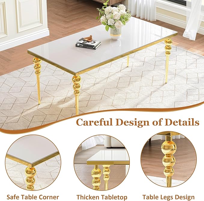 70 Inch Glass Dining Table for 6-8, Luxurious Rectangular Kitchen Table with White Tempered Glass Top, Gold Stainless Steel Legs for Dining Room, Restaurant, Living Room