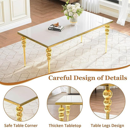 70 Inch Glass Dining Table for 6-8, Luxurious Rectangular Kitchen Table with White Tempered Glass Top, Gold Stainless Steel Legs for Dining Room, Restaurant, Living Room