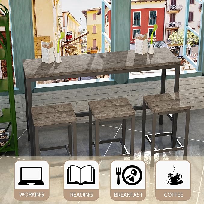 Merax Modern Design 4-Piece Counter Height Extra Long Dining Table Set with 3 Stools and Side Table with Footrest,Space-Saving Pub Kitchen Set,Easy Assembly,Brown Gray