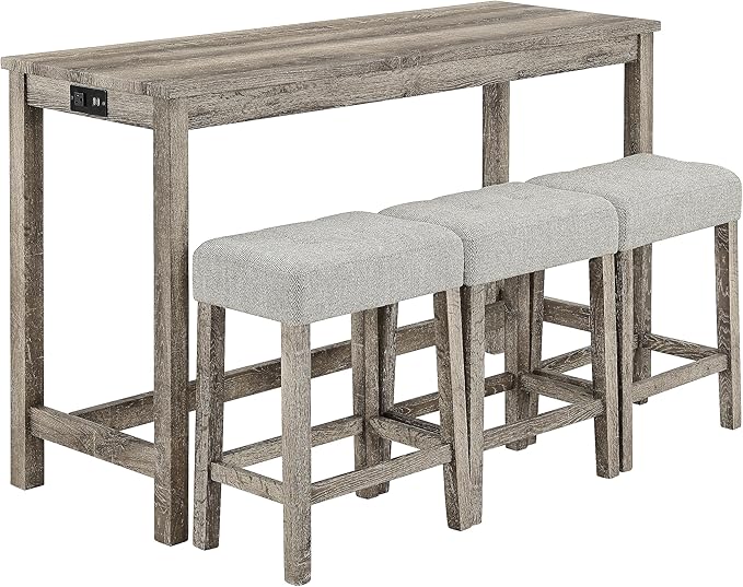 Ball & Cast 4 Piece Industrial Wooden Kitchen Island Table Chairs Sets w/Charging Station, 3pcs Upholstered Backless Counter Stools & 59" Bar-Table Built-in Electrical Outlets and 2 USB Ports,Brown
