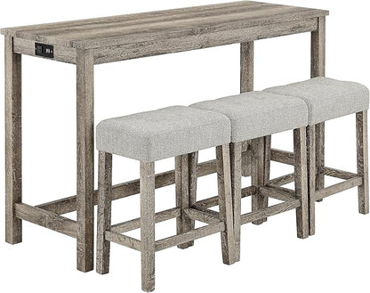 4-Piece Farmhouse Kitchen Table Stool Set with Power Outlets, Industrial Dining Tables with 3 Upholstered Stools, Wooden Counter Table Chairs w/Charging Station&2 USB Ports, Brown+Beige