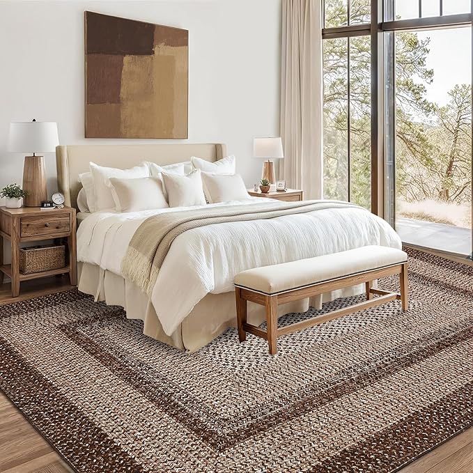 Printed Washable Rug 8x10 Area Rugs for Living Room Modern Bedroom Rug Brown Imitation Braided Large Area Rug Non Slip Throw Rugs Stain Resistant Carpet for Nursery Dining Room 8'x10'