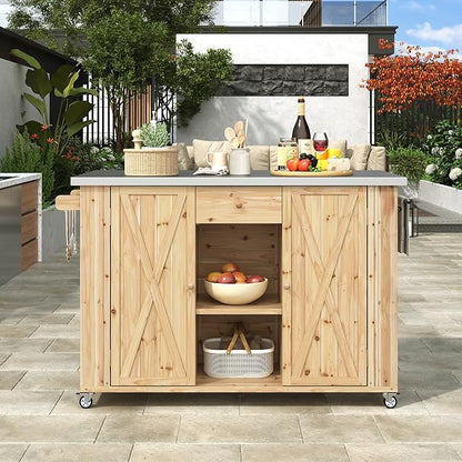 Flieks Outdoor Kitchen Island Fir Wood Kitchen Island with Stainless Steel Top, Ample Storage Space, Towel and Spice Racks and a Bottle Opener for Outdoor, Natural