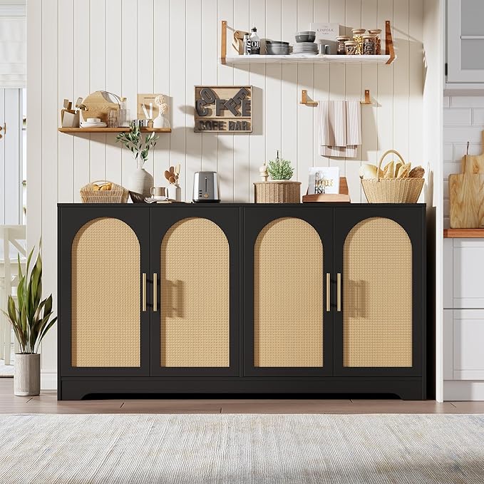 GarveeHome 59” Sideboard Buffet Cabinet - Large Credenza Storage with 4 Rattan Doors, Modern Console Table Accent Coffee Bar Cabinet for Living Room, Kitchen, Hallway, Dining Room, Entryway, Black
