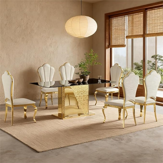 Modern Rectangular Glass Dining Table for 6-8,Elegant Dining Room Tables with Gold Mirrored Stainless Steel Base,70'' Kitchen Table with Black Glass top,for Kitchen Room/Office(Only Table)