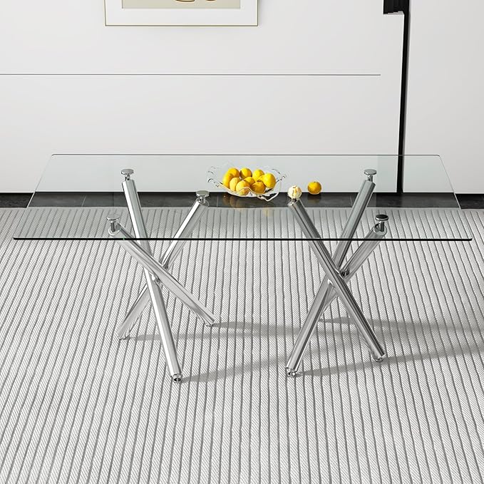 71” Rectangle Dining Table, Large Modern Dining Table for 6–8 People with 0.4" Thickened Tempered Glass Top, Glass Kitchen Table with Silver Metal Legs for Dining Room