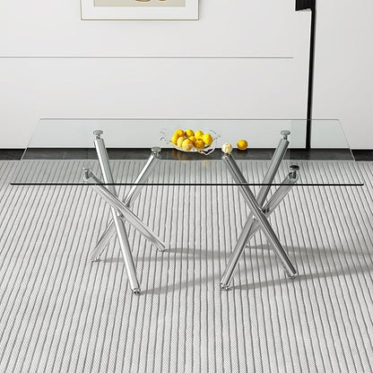 71” Rectangle Dining Table, Large Modern Dining Table for 6–8 People with 0.4" Thickened Tempered Glass Top, Glass Kitchen Table with Silver Metal Legs for Dining Room