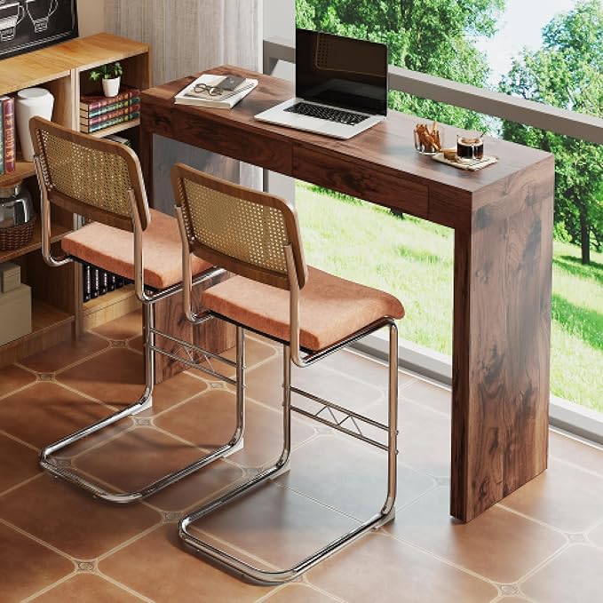 Counter Height Dining Set with Rattan Back Stools,Bar Table with 2 Drawers,Upholstered Kitchen Island Chairs,Chrome Cantilever Frame,Modern Furniture for Dining Room (Walnut Table,2 Coffee Chairs)