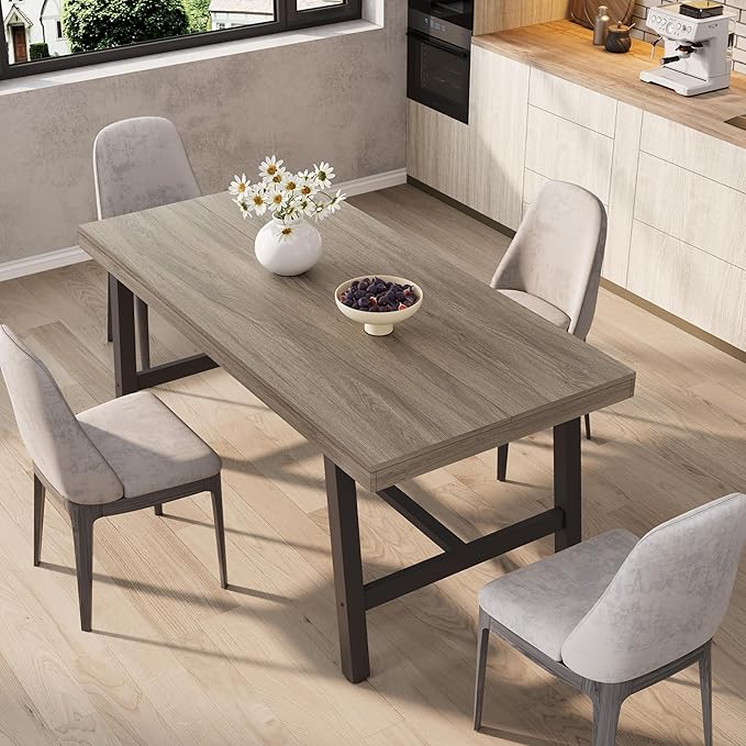 GarveeHome 63 Inch Compact Rectangular Table for Dining Room & Kitchen, Industrial Dining Table for 4-6 People, Heavy Duty Metal Frame, Grey Walnut