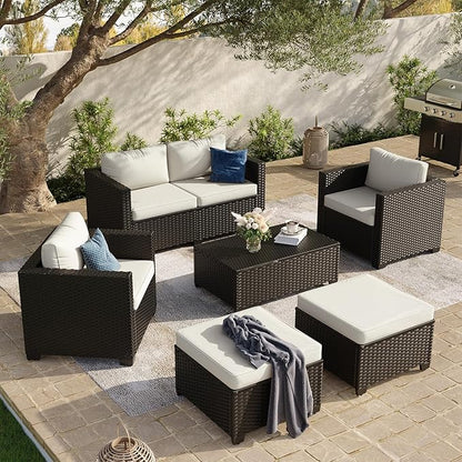 Aoxun 7 Piece Outdoor Patio Furniture Set 6 Seats, Outdoor Sectional with Thick Waterproof Cushions, Patio Conversation Sets for Garden,Backyard, Porch, Balcony, Deck, Black & Beige