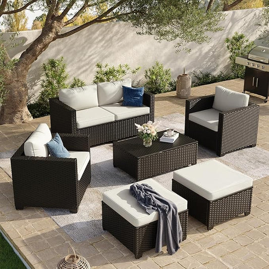 Aoxun 7 Piece Outdoor Patio Furniture Set 6 Seats, Outdoor Sectional with Thick Waterproof Cushions, Patio Conversation Sets for Garden,Backyard, Porch, Balcony, Deck, Black & Beige