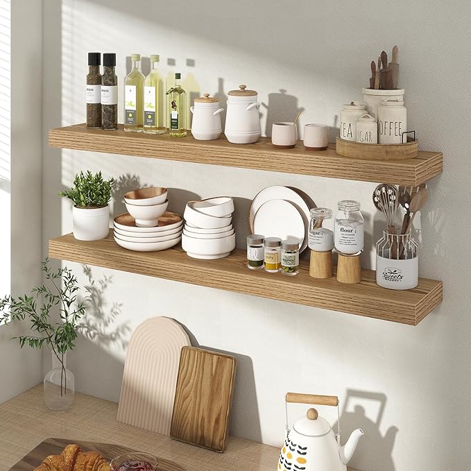 Acovy 36 Inch Floating Shelves for Wall 2 Pack, 36" Wall Shelves for Books, Storage, Decor, Wall Mounted Floating Shelf with Invisible Brackets for Kitchen, Living Room, Light Brown