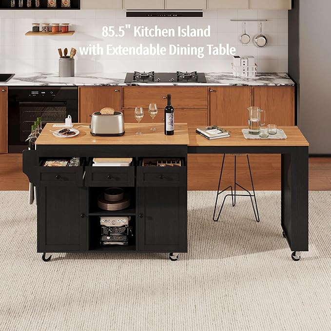 85.5" Kitchen Island with Extendable Dining Table, Rolling Kitchen Island with 3 Side Open Shelves, Power Outlet, Kitchen Storage Table with 3 Drawers, 2 Doors, for Kitchen, Dining Room, Black