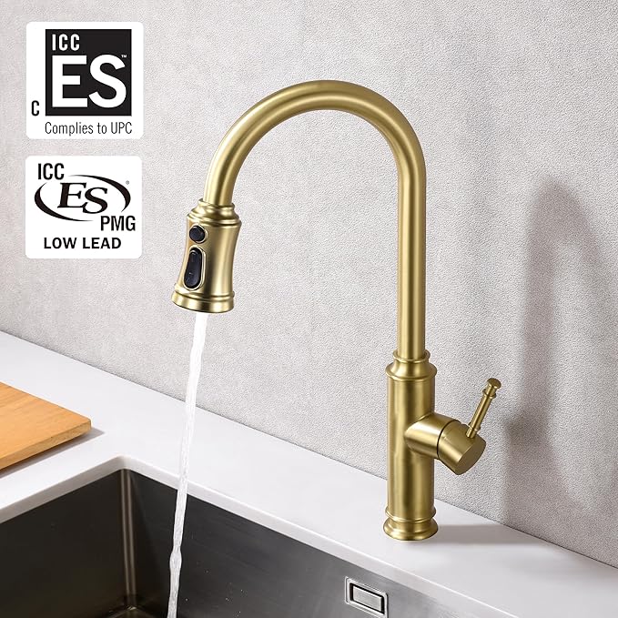 SUMERAIN Kitchen Faucet with Pull Out Sprayer Brushed Gold Single Handle High Arc Pull Down Kitchen Sink Faucet Stainless Steel