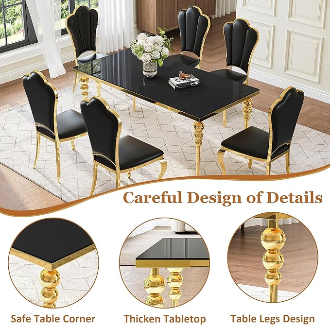 Luxurious 7 Piece Dining Table Set, 70 Inch Black Glass Kitchen Table and 6 Black Petal Back Chairs with Gold Stainless Steel Legs, for Dining Room, Living Room, Restaurant