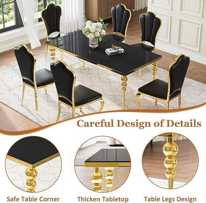 Luxurious 7 Piece Dining Table Set, 70 Inch Black Glass Kitchen Table and 6 Black Petal Back Chairs with Gold Stainless Steel Legs, for Dining Room, Living Room, Restaurant