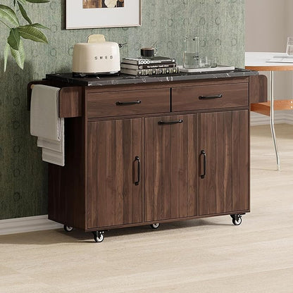 RUNNA Kitchen Island with Trash Can Storage Cabinet, Kitchen Cart with Drop Leaf, Spice Rack, Towel Rack and Drawer, Rolling Kitchen Island on Wheels with Adjustable Shelf (Walnut Brown~81)