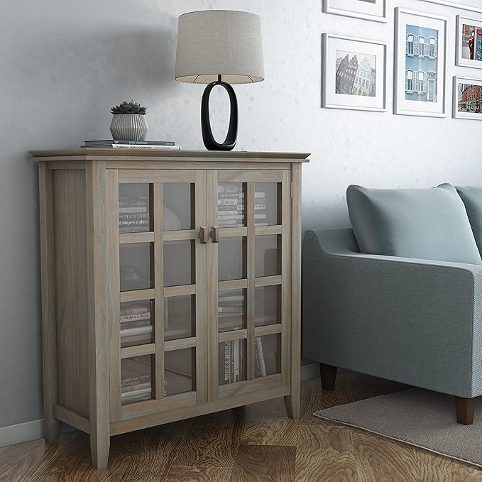 SIMPLIHOME Artisan SOLID WOOD 38 inch Wide Transitional Medium Storage Cabinet in Distressed Grey for the Living Room, Entryway and Family Room