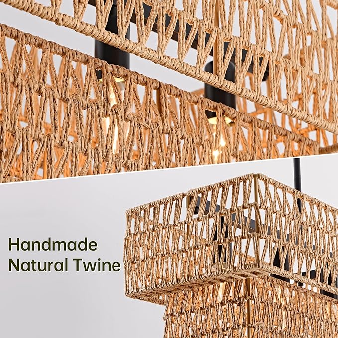 40” Hand Woven Rattan 8-Light Chandeliers for Dining Room, 2 Layer Boho Linear Chandelier Rectangle Rustic Pendant Light Fixture for Kitchen Island Bar Living Room