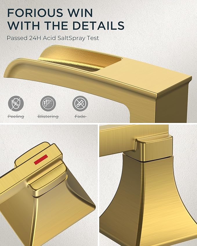 FORIOUS Waterfall Brushed Gold Bathroom Faucet 3 Hole Vanity, Two Handle Brass Gold Faucet for Bathroom Sink Widespread 8 Inch with Metal Pop-up Drain and CUPC Pre-Assembled Hose