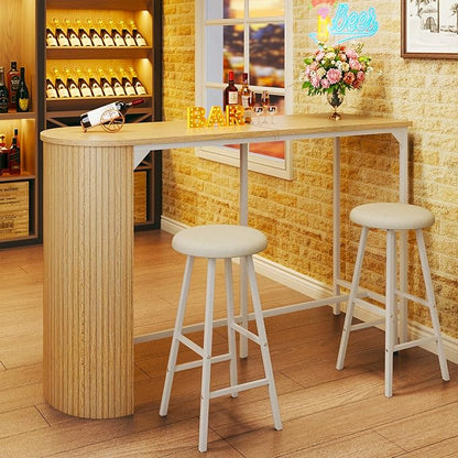 Fluted Bar Table and Chairs Set, 55'' Long Bar Tables with 2 Stools, 3 Piece Counter Height Dining Table for 2, Space Saving Kitchen Table for Bar, Dining Room, Kitchen, Breakfast Nook Corner, Natural