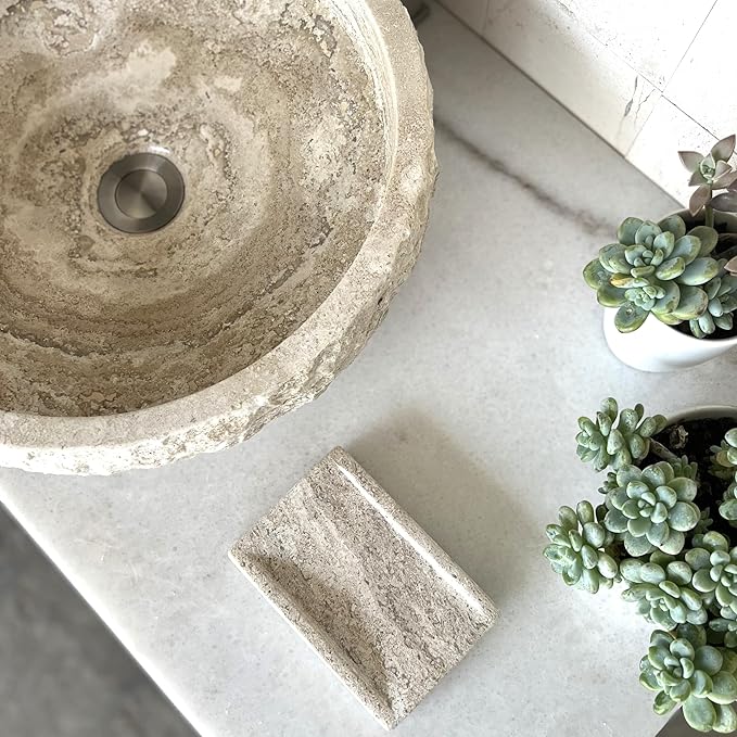 Shades of Nature Round Travertine Vessel Sink, Natural Stone Wash Basin, Hand-Carved Bathroom Sink, Chiseled Exterior, Polished Interior, Above Counter Vanity (Soap Tray Included)
