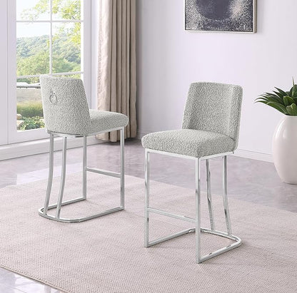 Modern Chairs Set of 2, Chrome Side Chairs & Counter Stools with Ring Pull Back, Luxury Upholstered Chairs for Kitchen Island, Dining Room & Home Bar (Boucle, Rich Gray/Silver, Counter Height Chair)