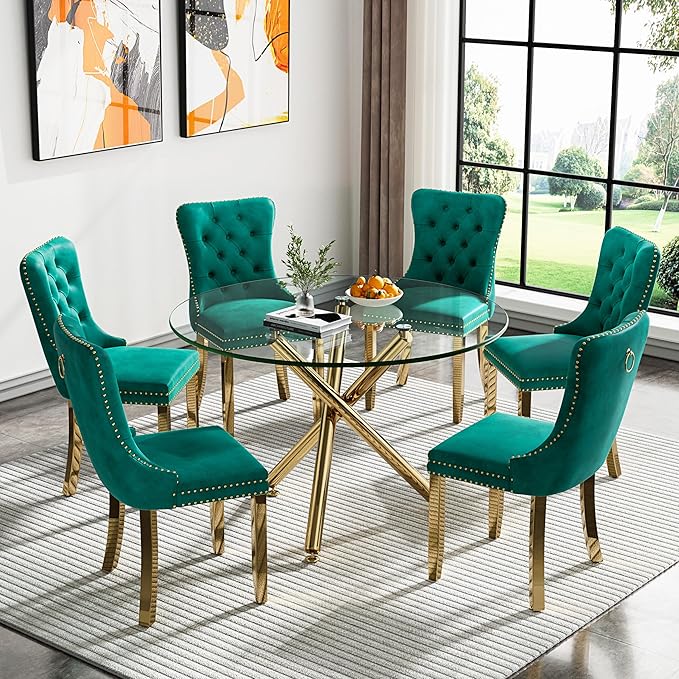 43.3'' Round Glass Dining Table,Modern Kitchen Table for 2-6 People,Dining Room Table with Tempered Glass Top and Metal Legs for Kitchen Apartment
