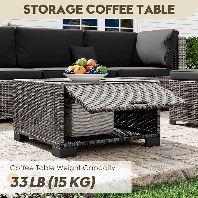 LHBcraft 7 Piece Patio Outdoor Furniture Set, Outdoor Sectional, All-Weather Hand-Woven Wicker Black Patio Sectional, Rattan Outside Furniture with Cushion and Glass Coffee Table