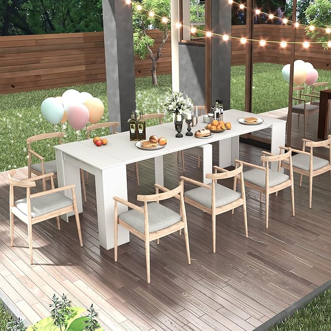 118" Extendable Island Table, Rustic Dining Table with Easy Clean, Mid Century Dining Table for Kitchen Dining Living Room, White