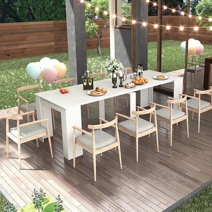 118" Extendable Island Table, Rustic Dining Table with Easy Clean, Mid Century Dining Table for Kitchen Dining Living Room, White