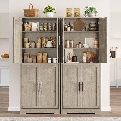 GarveeLife 70" Tall Kitchen Pantry,Farmhouse Storage Cabinet with Adjustable Shelves,Farmhouse Pantry Cabinet with 4 Barn Doors, for Kitchen,Dining Room,Living Room.(Grey)