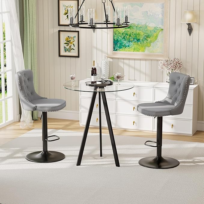 Clear Glass High Bar Table & 2 Adjustable Velvet Barstools Island Chairs, Round Farmhouse Bistro Pub Table Set of 3, Swivel Counter Height Chairs (Black Metal Legs, Clear Top + Grey Chair)