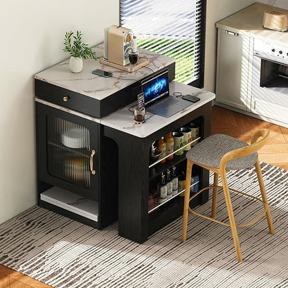 59.5" Kitchen Island with Extendable Dining Table,Double-Sized Storage,2 Drawers, Power Outlet, Side Open Shelves,for Kitchen Dining Room (Black#2)