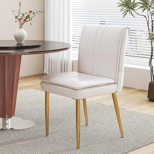VECELO Upholstered PU Dining Chairs Set of 2, Kitchen Chairs with Padded Seat for Living Room, Dining Room, High Back and Steel Legs, Easy Assembly, White