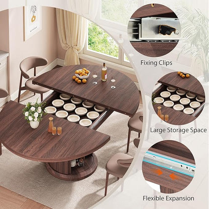 Jocoevol 47″–63″ Extendable Round Dining Table for 4–8 with Dust-Proof 2-Tier Storage Shelf Space Saving Expandable Wood Oval Circle Dinner Furniture with Pedestal Base (Black)