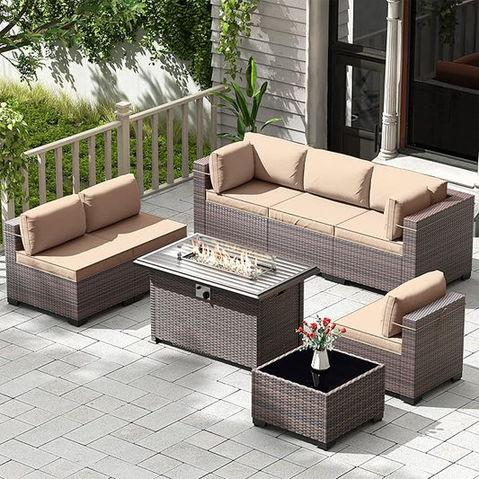 Kullavik 8 Pieces Outdoor Patio Furniture Set with 43" 55000BTU Gas Propane Fire Pit Table PE Wicker Rattan Sectional Sofa Patio Conversation Sets,Khaki