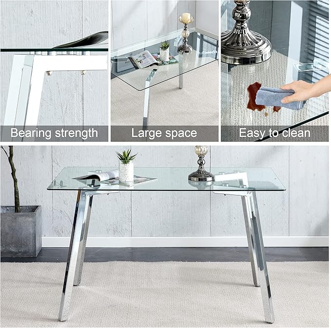 Rectangular Glass Dining Table 51 Inch Modern Rectangular Kitchen Table with Metal Legs Durable Stylish Dinner Table for Dining Room Kitchen