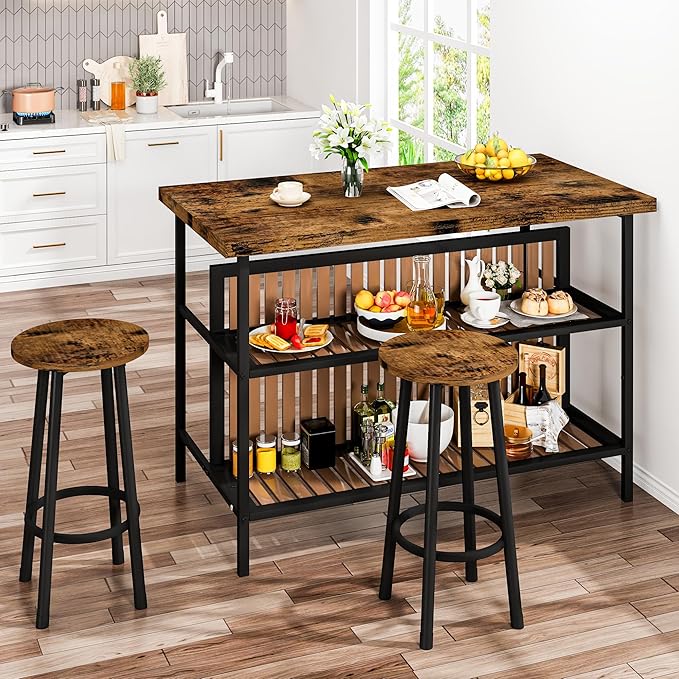 DKLGG 3 Piece Dining Table Set for 2,Kitchen Island with Seating & Storage,Industrial Bar Table and Chairs Set,Space-Saving Pub Table Set for Small Space (Rustic Brown)