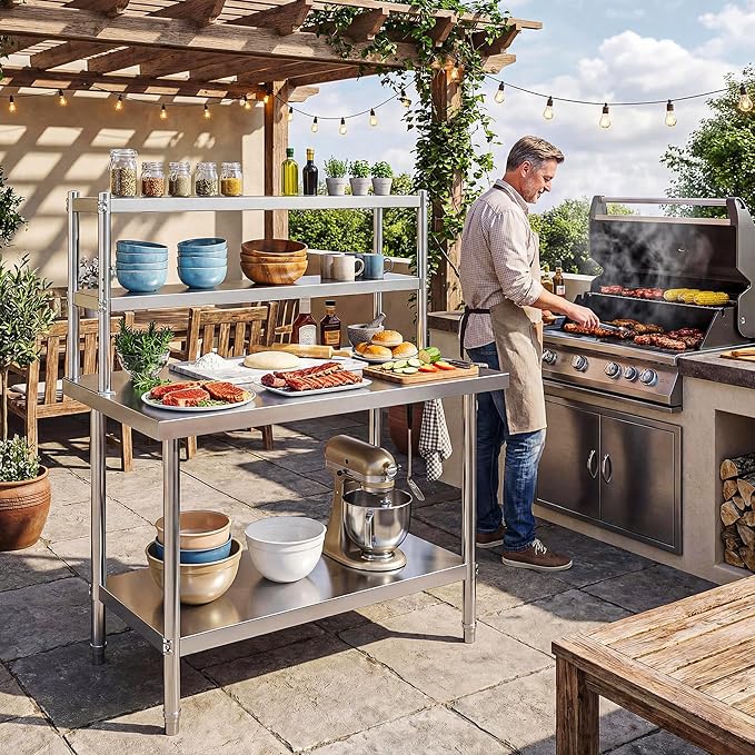 DWVO 42x24in Stainless Steel Table, NSF Metal Prep Worktable with Adjustable Overshelf for Kitchen Restaurant Hotel Garage Warehouse Home